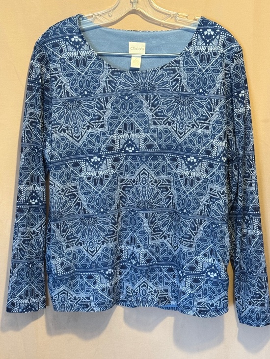 Chico's Tops - Chico's Navy and Light Blue Geometric Print Long-Sleeve Top